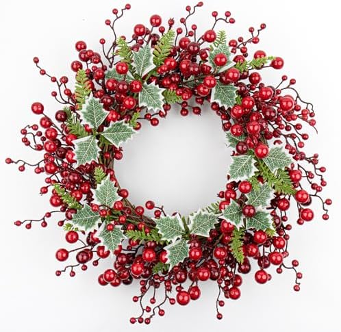 JINGHONG Artificial Christmas Wreath 20 Inch Christmas Wreaths for Front Door Red Berry Wreath with Holly Berries Leaves Pine Needles for Indoor Outdoor Xmas Winter Holidays by JINGHONG