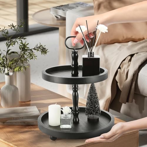 Wooden Farmhouse Round 2 Tier Decorative Tray for Home Kitchen Office - Image 7