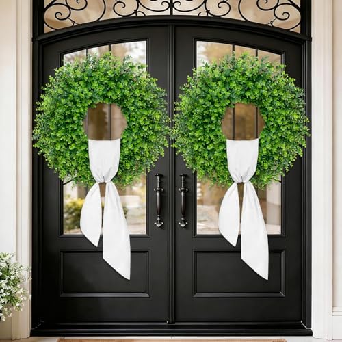 28'' Large Boxwood Wreaths Front Door Artificial Green Spring Wreath with Sash Wreaths for Front Door Farmhouse Greenery Year Round Outdoor Indoor for Summer Wreath St Patricks Day Decoration - Image 6