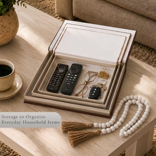 Decorative Books for Coffee Table – Set of 3 Faux/Fake Book Storage Boxes for Home Decor, Neutral Minimalist Book Decor for Aesthetic Bookshelf, Entryway & Mantle, Beige Accents with Wood Bead Garland - Image 4