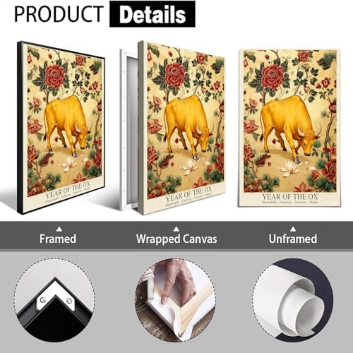 Chinese Lunar Year of the Ox Art Print – Oriental Zodiac Wall Decor with Red Peony Pattern for Home Office and Apartment Aesthetic Family Wall Decor Prints Canvas Wall Art 20X30 in Black Framed - Image 2