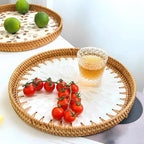 i-lan Set of 3 Rattan and Mother of Pearl Round Serving Trays,3pcs Desk Table Serving Platters,Woven Basket Inlaid Mother of Pearl Plates for Home Décor, Coffee Table,Display - Image 3