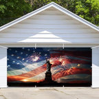 4th of July Party Garage Door Cover 16x7ft American Flags Garage Door Backdrop Independence Day Garage Banner Memorial Day Decoration Patriotic Backdrop the Statue of Liberty Flag Day Background - Image 3