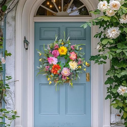 Spring Summer Wreaths for Front Door Outside 24 Inch, Soomeir Floral Door Wreath with Peony Dahlia Rose, for All Season Easter Indoor Outdoor Farmhouse Home Porch Wall Window Decor - Image 6