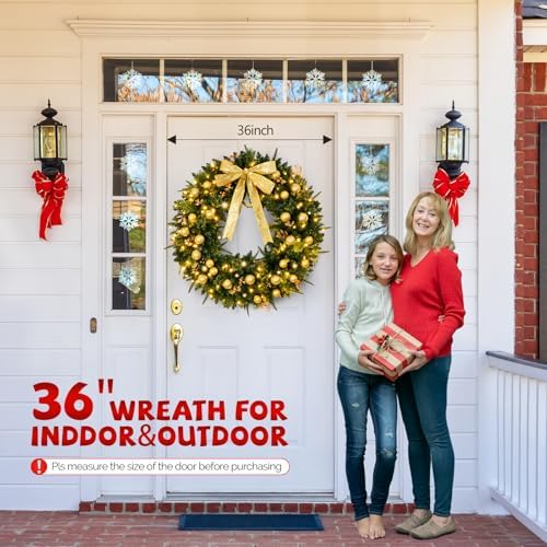 VINGLI 36 Inch Prelit Christmas Wreath, Lighted Christmas Wreath for Front Door, Window, Fireplaces, Indoor Decorate, with 100 LED Lights, 350 Tips, Bow, Pine Cones, Gold Ornaments (Plug-in) - Image 6