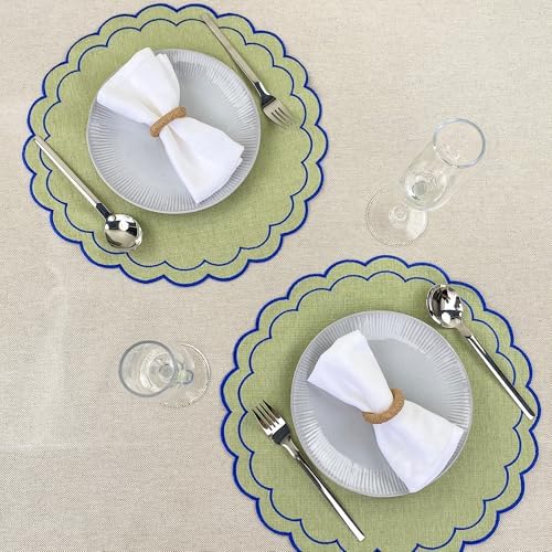 Linen Cotton Placemats Set of 4 Scalloped Flower Embroidery Place Mats 15'' Natural Linen Texture Fabric Machine Washable Table Mats for Restaurant Kitchen,Table Decor(Matcha Green) - Image 6