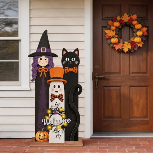 Halloween Welcome Sign with LED Lights, 36" Wooden Standing Sign, Witch Black Cat Ghost Design, Front Porch Decor for Outdoor Indoor Yard Garden Party - Image 7