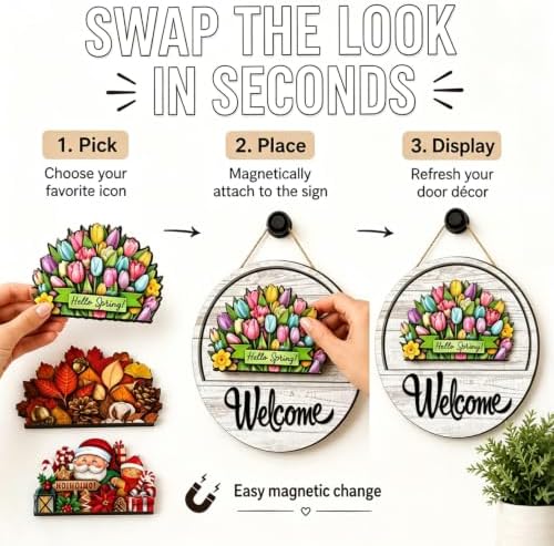 16 PCS Interchangeable Welcome Sign for Front Door, With 16 Interchangeable Seasonal Icons, Wooden Welcome Signs for Front Door for Holidays and Year Round Home Decor - Image 5