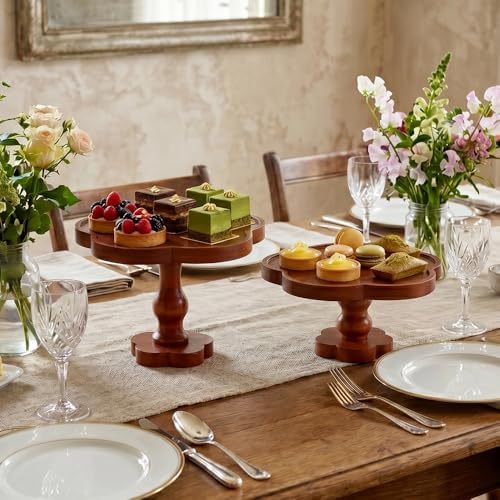 Candle Holders for Candlesticks – Boho Set of 2 Five-Petal Flower-Shaped Bamboo & Wood Candlesticks, Spacious Top Tray Fits Large Pillar Candles & Holds Decor, Rustic Table Centerpiece - Image 2