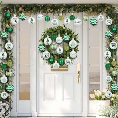 VIHOSE 40 Pcs St. Patrick's Day Ball Ornament-Lucky Shamrock Ornaments for Tree,Green White Clover Hanging Decorations,Assorted Plastic Hanging Balls Decors for Irish Festival Home Party Festival - Image 4