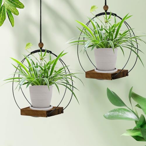 hismocal Hanging Planter for Indoor Plants,Plant Hanger with Sturdy Wood Base & Pot, Modern Boho Macrame Plant Hanger,Wall Ceiling Window Stands(2 Pack+Pots) - Image 4