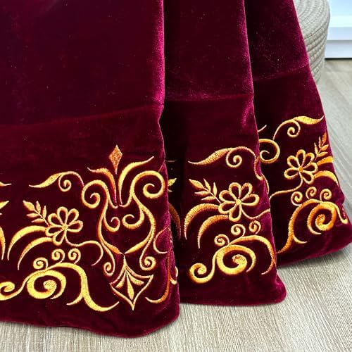 84-Inch Victorian Velvet Christmas Tree Skirt with Gold Damask Embroidery and Plush Lace Ties, Burgundy - Image 5