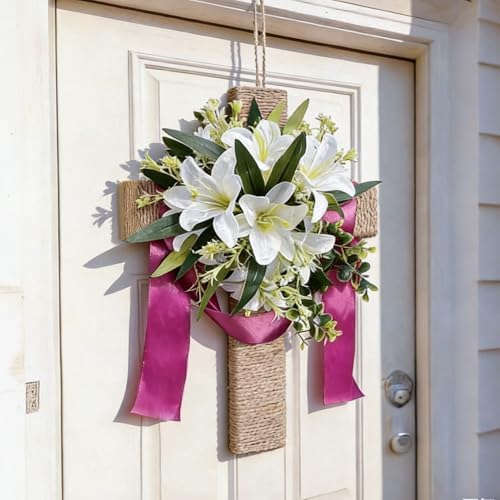 Easter Cross Wreaths for Front Door, 16" Religious Spring Wreath with Lily and Purple Ribbon, Christian He is Risen Easter Decor, Rustic Twine Wrapped Hanging Ornament Wall Porch Farmhouse Home Decor - Image 4