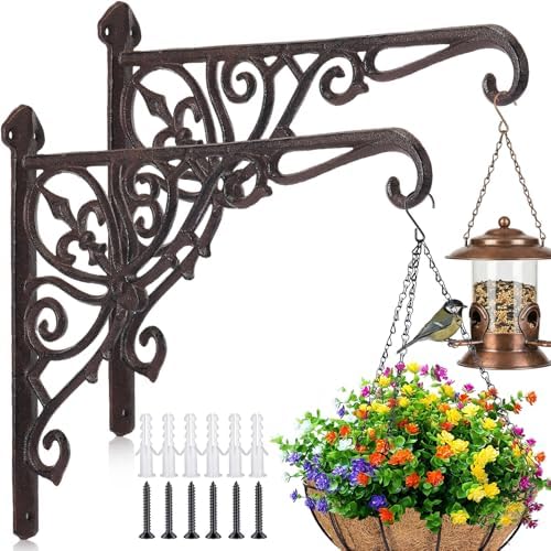 2 Pack Cast Iron Hanging Plant Bracket 12" Outdoor Wall Plant Hangers Hooks Heavy Duty Hanging Bracket Hooks Vintage Decorative Wall Hangers for Pots Bird Feeder Wind Chime (Brown,Classic) by Otoolling