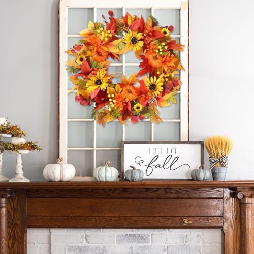 Sggvecsy Fall Wreath 20’’ Autumn Front Door Wreath Harvest Wreath with Sunflower Pumpkins Berries Maple Leaves Daisies for Outside Indoor Home Wall Festival Thanksgiving Autumn Farmhouse Decor - Image 4