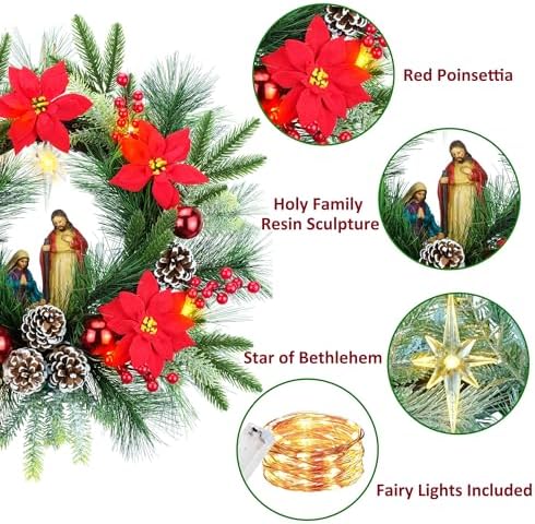 YULETIME 20" Pre-Lit Poinsettia Nativity Wreath, 10 Lights Battery Powered - Image 5
