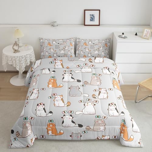 Cartoon Cat Bedding Set King For Kids Boys Girls, Butterfly Decor Comforter Room Decor, Kawaii Animal Kitten Duvet Set Cute Pet Theme Down Comforter, White Gray Orange Garfield Bedding Comforter Sets by Erosebridal