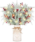 Christmas Table Decorations Set with 5 Pcs 20" Christmas Artificial Pine Branches with Red Berry Stems,White Iron Vase, LED String Lights, Snowflake Wood Chips and Hemp Rope for Xmas Winter DIY Decor by VAIPI