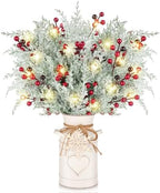 Christmas Table Decorations Set with 5 Pcs 20" Christmas Artificial Pine Branches with Red Berry Stems,White Iron Vase, LED String Lights, Snowflake Wood Chips and Hemp Rope for Xmas Winter DIY Decor by VAIPI
