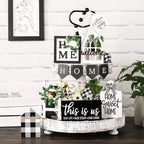Two Tiered Tray with 11 Pcs Wooden Signs Decor, Plaid Style - Image 2