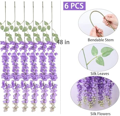 mizii 6Pcs Purple Wisteria Hanging Flowers 48" Silk Wisteria Artificial Flowers Garland Vines Fake Hanging Flowers Decoration for Wedding Flower Wall Backdrop Centerpieces Party Room Decor (Purple) - Image 2