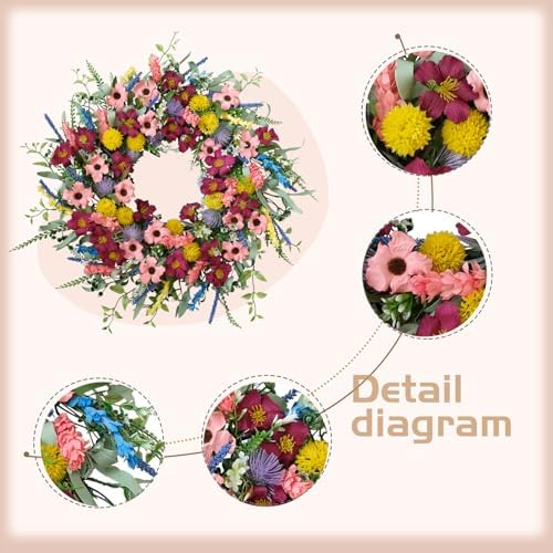22 Inches Artificial Floral Wreath for Front Door Colorful Daisy and Green Leaves Wreath for Spring/Summer Indoor Outdoor Farmhouse Decor - Image 2