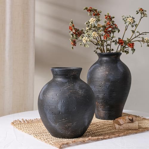 Ceramic Flower Vase Home Decor, 7.4 in Farmhouse Table Vase Retro Vintage Living Room Kitchen Bedroom Decoration Pottery Decorative Vases for Flowers House Shelf Office Desk Dining Entryway, BlackGold - Image 5