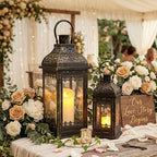 JHY DESIGN 13''&19.5''H Decorative Candle Lanterns Set of 2 Vintage Hanging Lantern Metal Candle Holder for Garden Living Room Indoor Outdoor Parties Weddings Balcony(Black with Gold Brush) - Image 2
