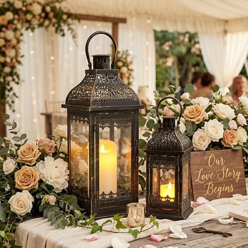 JHY DESIGN 13''&19.5''H Decorative Candle Lanterns Set of 2 Vintage Hanging Lantern Metal Candle Holder for Garden Living Room Indoor Outdoor Parties Weddings Balcony(Black with Gold Brush) - Image 2