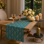 ThrowPillow Luxury Banarasi Brocade Silk Table Runner | Blue & Gold Jacquard with Tassels | 14x90 Inches | Festive Diwali Decor | Center | Gift | Pooja Rooms - Image 3