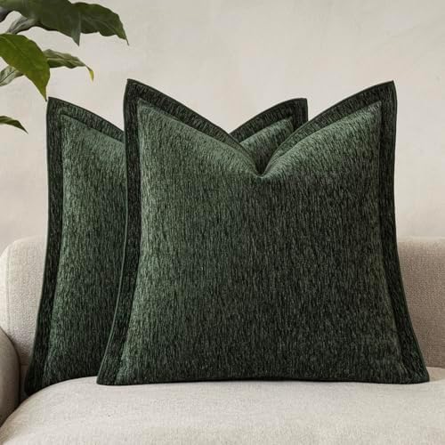 Decorative Chenille Luxury Throw Pillow Covers with Wide Edge, Textured Solid Pillowcases, Soft Velvet Cushion Cover Home Décor for Couch Sofa Chair Bed,18×18 Inch, Set of 2, Pine Green by Unknown
