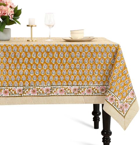 CPC Tablecloth 100% Cotton 60x60 Inch Indian Block Print Square Table Cover, Table Cloth for Weddings, Spring/Summer, Barbeque - Yellow Citrine by COTTONPRINTCLUB
