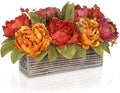 Fall Peonies Artificial Flowers Arrangements In Rustic Wooden Box Planter by VillaComo