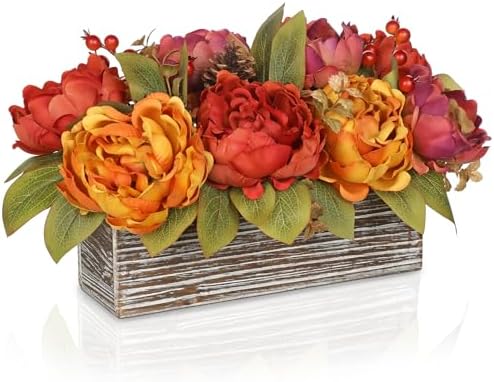 Fall Peonies Artificial Flowers Arrangements In Rustic Wooden Box Planter by VillaComo