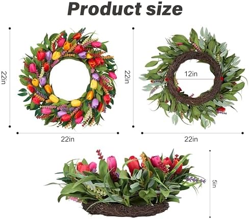 Spring Wreath 22 Inch Artificial Summer Wreaths Tulip Wreath for Front Door with Yellow Tulip Eucalyptus Leaves purple Lavender for Mother's Day Indoor Wall Festival Farmhouse Wedding Decor - Image 2
