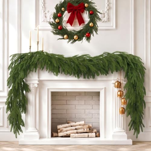 2 Pcs 9ft Christmas Artificial Norfolk Pine Garland, Real Touch Winter Greenery Garland for Fireplace, Mantle, Table, Stairs, Indoor Outdoor Christmas Decorations (2Pcs, 9ft) - Image 2