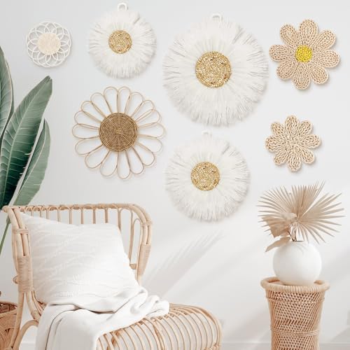 Chunful 7 Pcs Boho Wall Basket Decor Rattan Flower, Milky White - Image 5