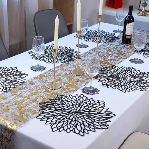 Snowkingdom Pack of 18 Black Placemats Washable Pressed Vinyl Laser Cut Dining Table Mats Round Floral Charger Decoration for Christmas Halloween Thanksgiving Wedding - Image 4