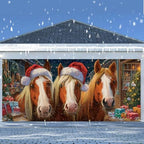 Christmas Garage Door Decorations 6x13FT, Three Horses with Santa Hats, Rustic Barn Holiday Banner for Outdoor Garage Door Cover - Image 2