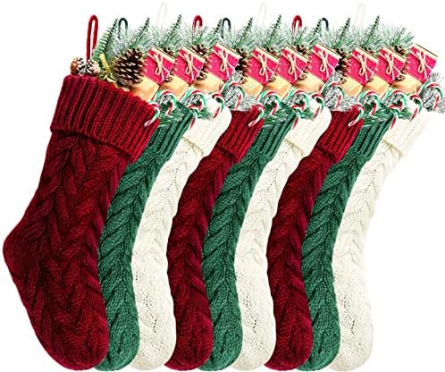 Christmas Stockings, 18 Inches Burgundy, Ivory and Green Cable Knitted Stocking for Xmas Holiday Decoration, 9 Pack by Kunyida