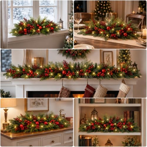 Yalikop 2 Pcs 24.5 Inch Christmas Swags with Light, Ball and Berry - Image 6