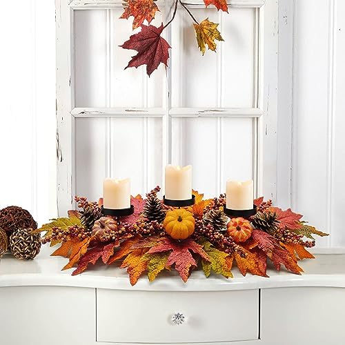 Fall Centerpiece Table Decorations, 27.5'' L Assorted Artificial Pumpkins, Pine Cones, Berries, and Autumn Leaves Harvest Table Candle Holder for Dinning Table, Fireplace Mantel (Candle Not Included) - Image 2