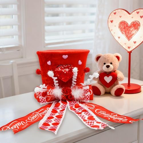nuvagiki Valentine's Day Tree Topper Hat Decor, Valentines Day Heart Ribbon Bow Hat Decorations for Tree, Galentines Day Decorations Tree Ornaments, Valentine Velvet Heart Bow Hat, Valentines Gifts - Image 2