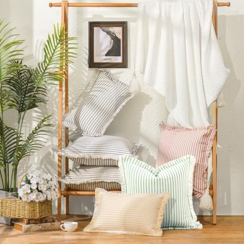 ZWJD Throw Pillow Covers 24x24 Set of 2 Green Striped Pillow Covers with Fringe Chic Cotton Decorative Pillows Square Cushion Covers for Sofa Couch Bed Living Room Farmhouse Home Decor - Image 6