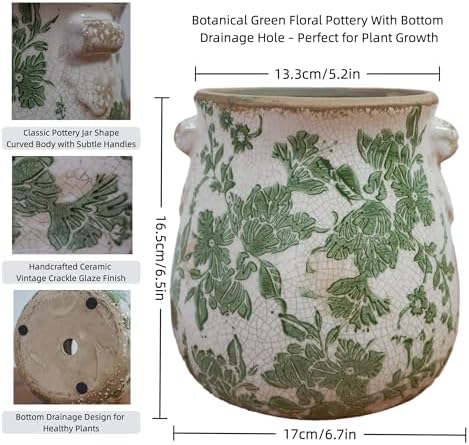 Vintage Ceramic Vase with Green Floral Pattern, White and Green, Crackle Glazed Finish, Decorative Garden Design (Large - Belly Jar with Drainage Hole) - Image 5