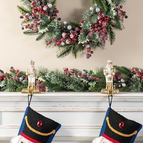 Glitzhome Nutcracker Christmas Stocking Holders, Set of 2 Gold and White Polyresin Mantel Hooks for Fireplace, Holiday Decor with Non-Slip Base - Image 4