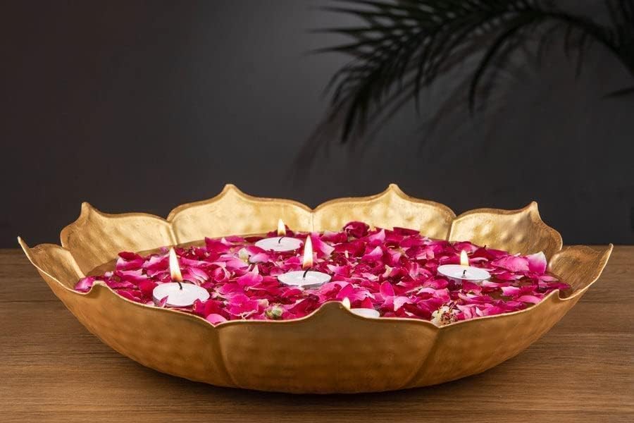 World Fire® Decorative Lotus-Shaped Gold Metal Urli Bowl with Rose Petals, Marigold Flowers & Tea Light Candles – 12 Inch Taj Urli Bowl for Home Decor, Pooja Room & Festive Decoration - Image 4