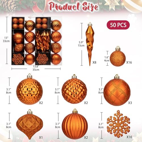 50PCS Christmas Tree Ornaments Set with Shatterproof Christmas Balls Icicle Snowflake Hanging Ornaments for Home Office Farmhouse Decorations, Orange - Image 2