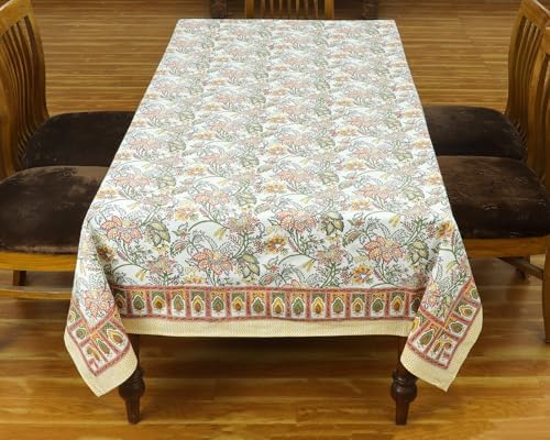 72x135 Inches Rectangle Hand Block Printed Cotton Tablecloth, Green White Floral Table Cloths Washable, Indian Table Linen For Halloween Christmas Outdoor Thanksgiving Gifts Home Decor Dinning Outdoor - Image 2