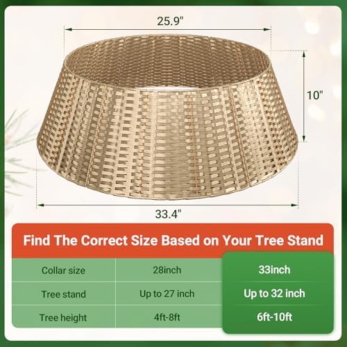 ELYKEN Gold Christmas Tree Collar, 33 Inch Woven Xmas Tree Skirt Cord Cut-Out - Protects Tree Base from Pets, Stylish Holiday Tree Skirt Alternative, Round Tree Ring for Christmas Tree Decor - Image 3